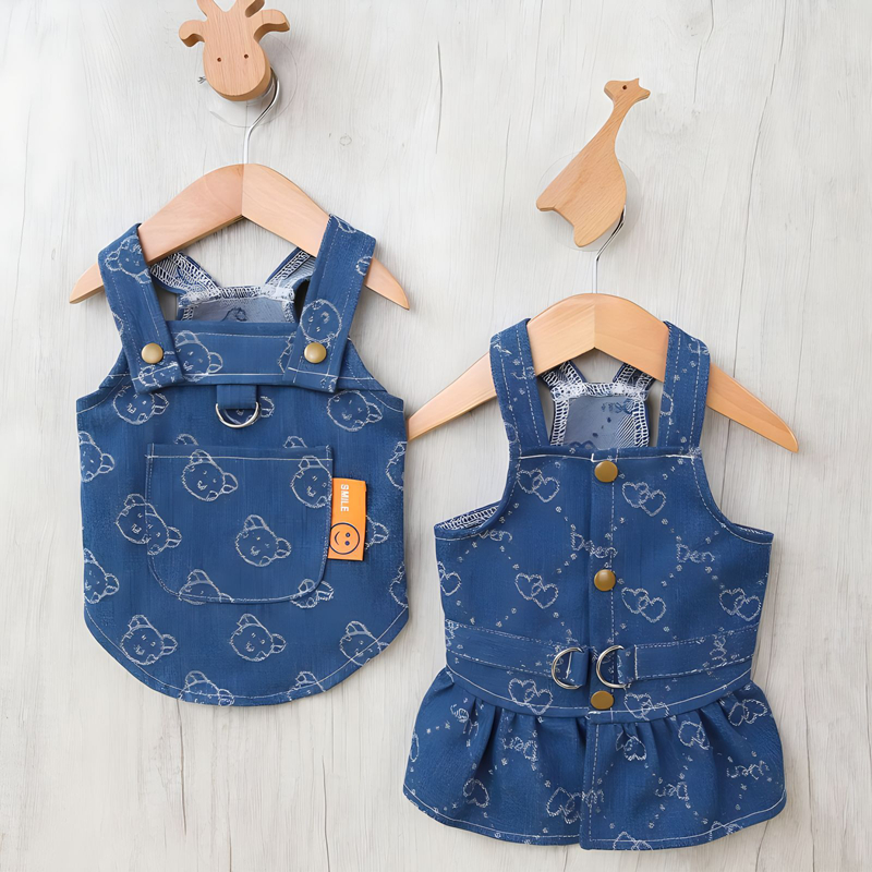 Denim Dog Harness Dresses for Small Dogs Puppy Girl Clothes with Cute Little bear, Heart-shaped Print Summer Cat Apparel with D-Ring Blue Boy Girl Dog