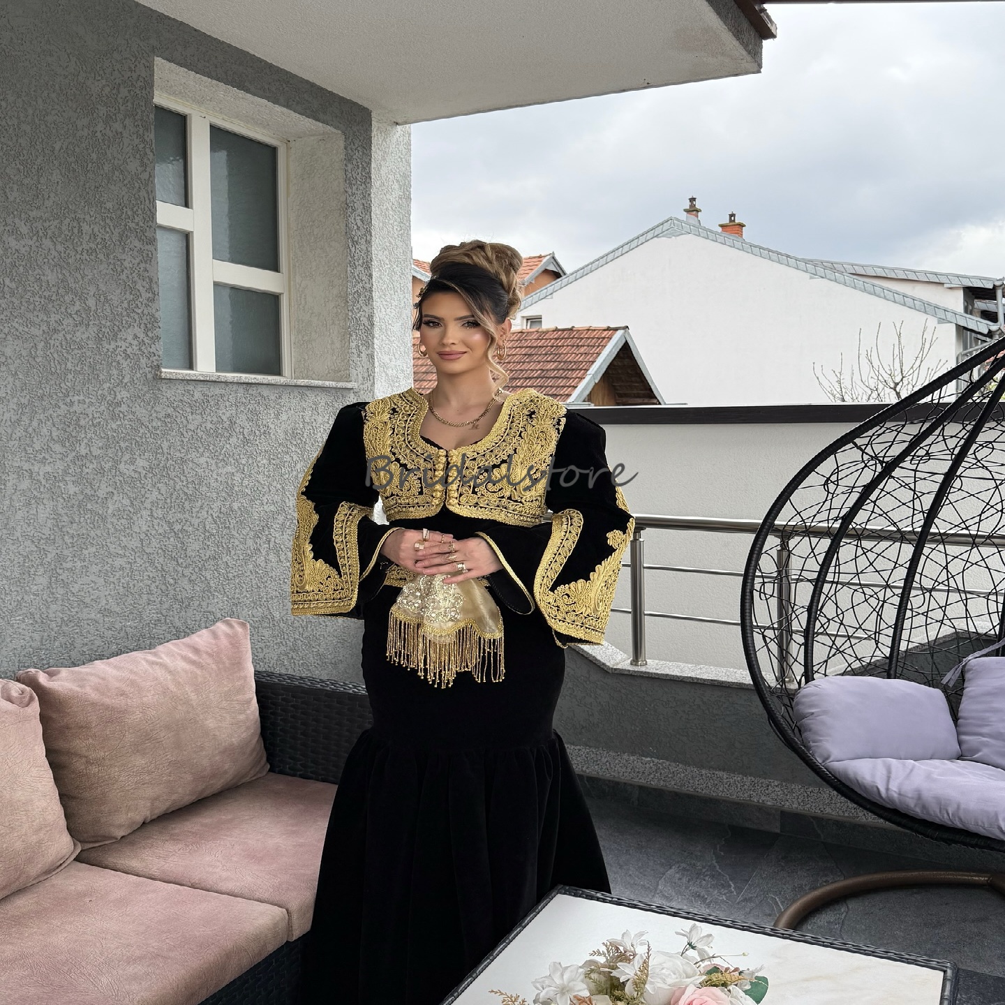 Kosovo Cultural Caftan Prom Dress With Gold Lace Long Sleeve Mermaid Evening Dress 2025 Moroccan Arabian Takchita jalabiya Black Formal Birthday Party