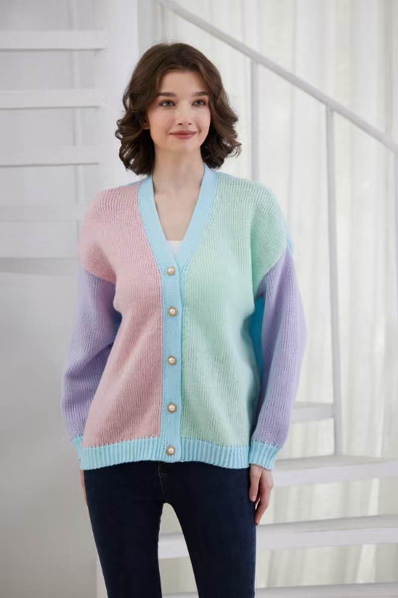 Fashion sweater cardigan autumn new female V-neck contrast stitching loose coat knitted sweater