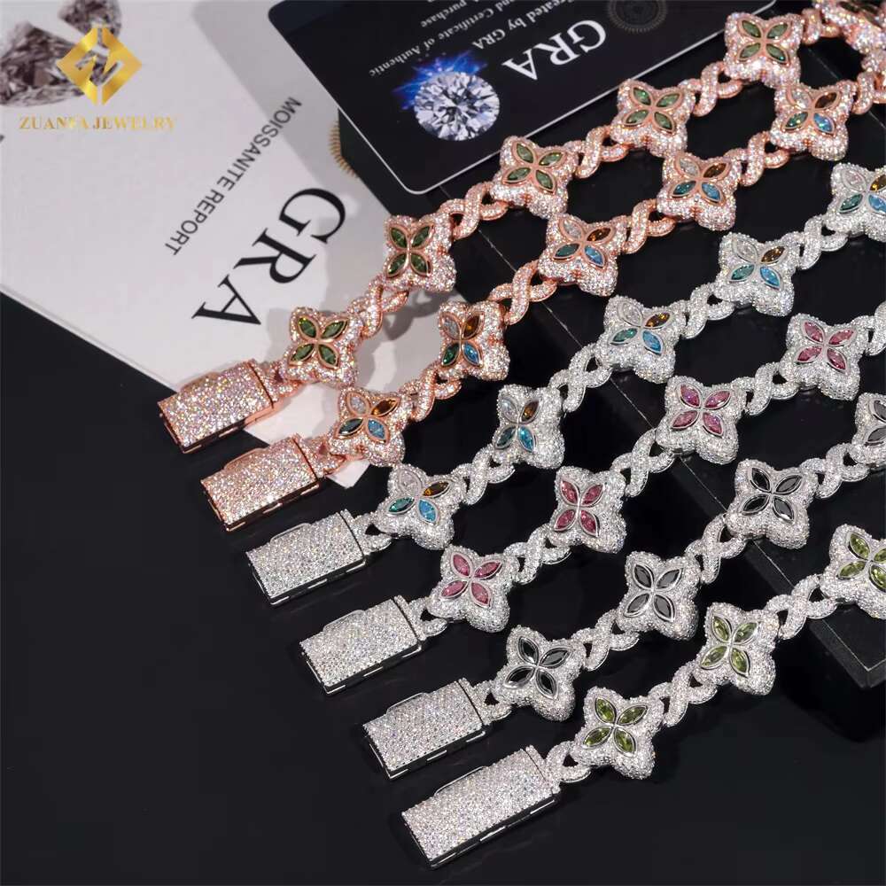 18mm High Quality Multi Color Marquise Diamond 925 Silver Jewelry Iced Out VVS Moissanite Lucky Four Leaf Clover Cuban Bracelet