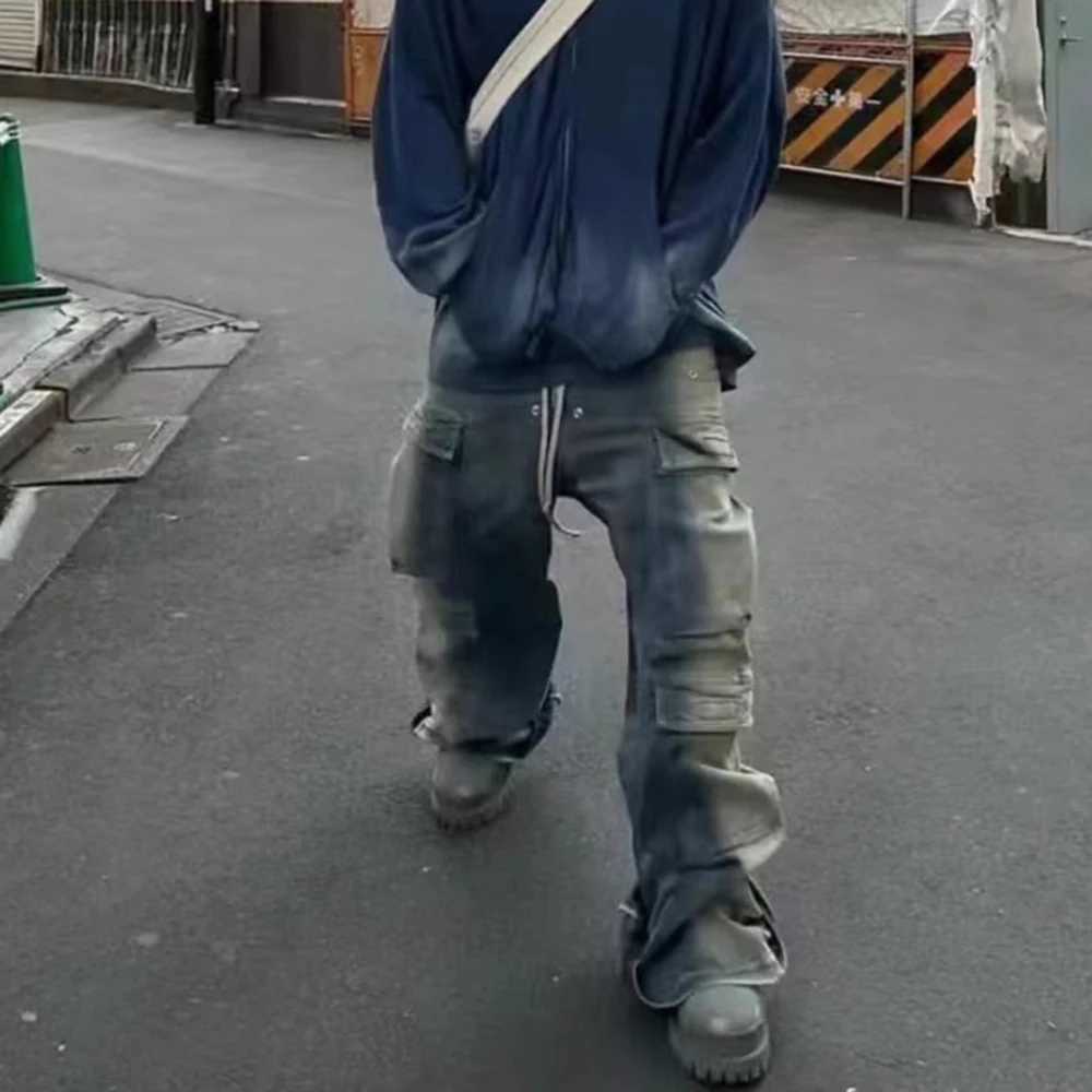 RO Style Gradient Ribbons Multi-pockets Drawstring Jeans for Men Harajuku Streetwear Baggy Y2K Denim Trousers Oversized Cargos M250610