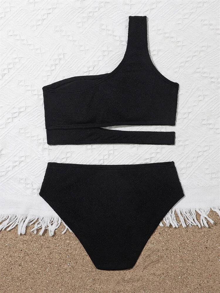 Girls' Swimsuit Bikini 2025 New Solid One Shoulder Bikinis Set Children Swimwear Summer High Waist Kids Beach Wear Bathing Suit