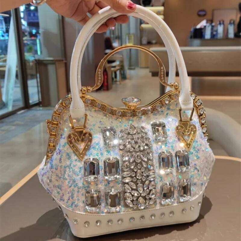 Designer Luxury Spring New Crystal Sequin Horizontal Large-Capacity Metal Button Handbag Banquet Dress One-Shoulder Cross-Body Women's Bag
