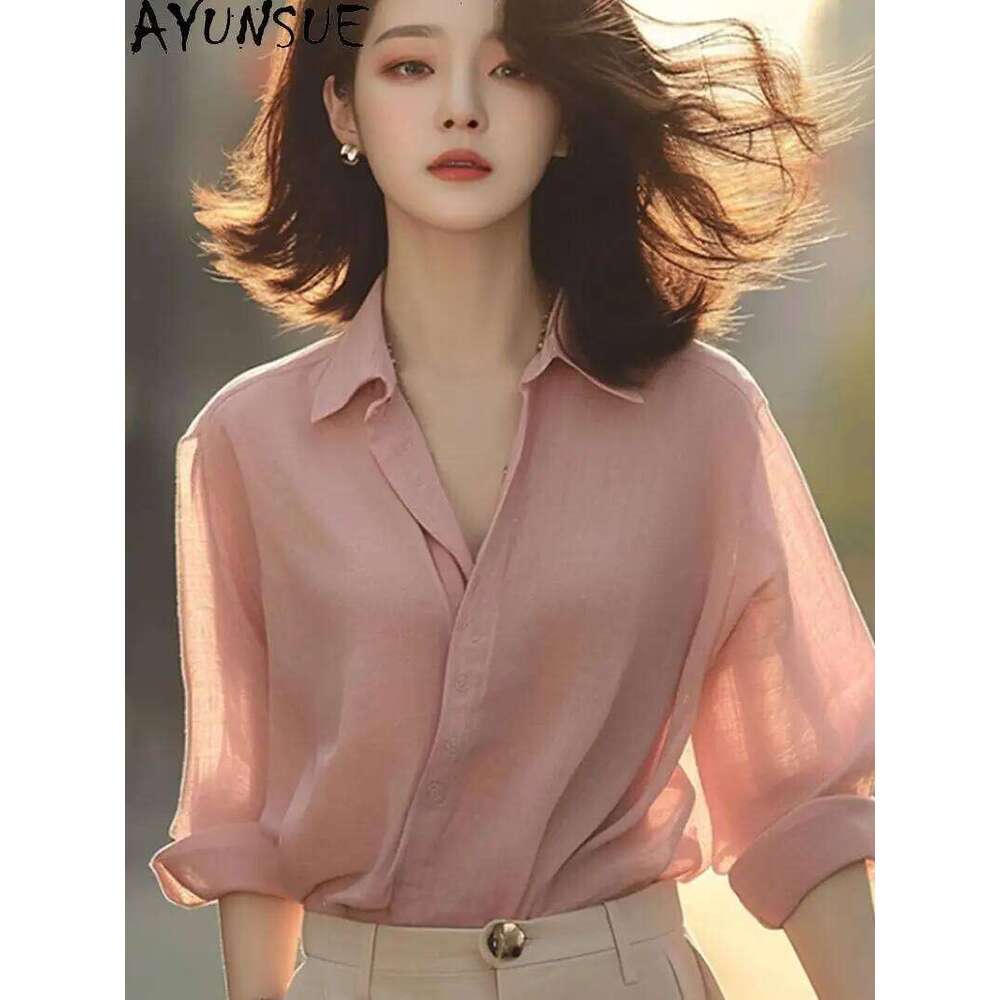 AYUNSUE Natural Mulberry Silk Blouse Sunscreen Shirts For Clothing Pink Tops Woman 2025 Blusa Elegante Spring Summer