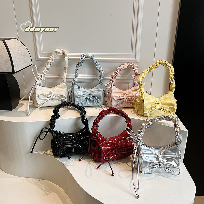Ballet Style Sweet Bowknot Pleated Handbag Underarm for Women 2025 New Fashion Single Shoulder Crossbody Tote Bag ddmynov