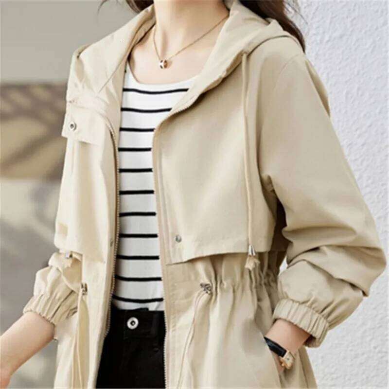 2025 Spring Autumn New Korean Women Hooded Trench Coat Fashion Mid-Length Outerwear Female Slim Windbreaker Ladies Overcoat B816