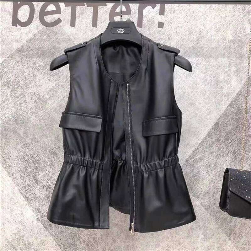 2025 Spring Autumn New Vest Women's Short Imitation Sheepskin Waistcoat Outerwear Fashionable Sleeveless Leather Jacket