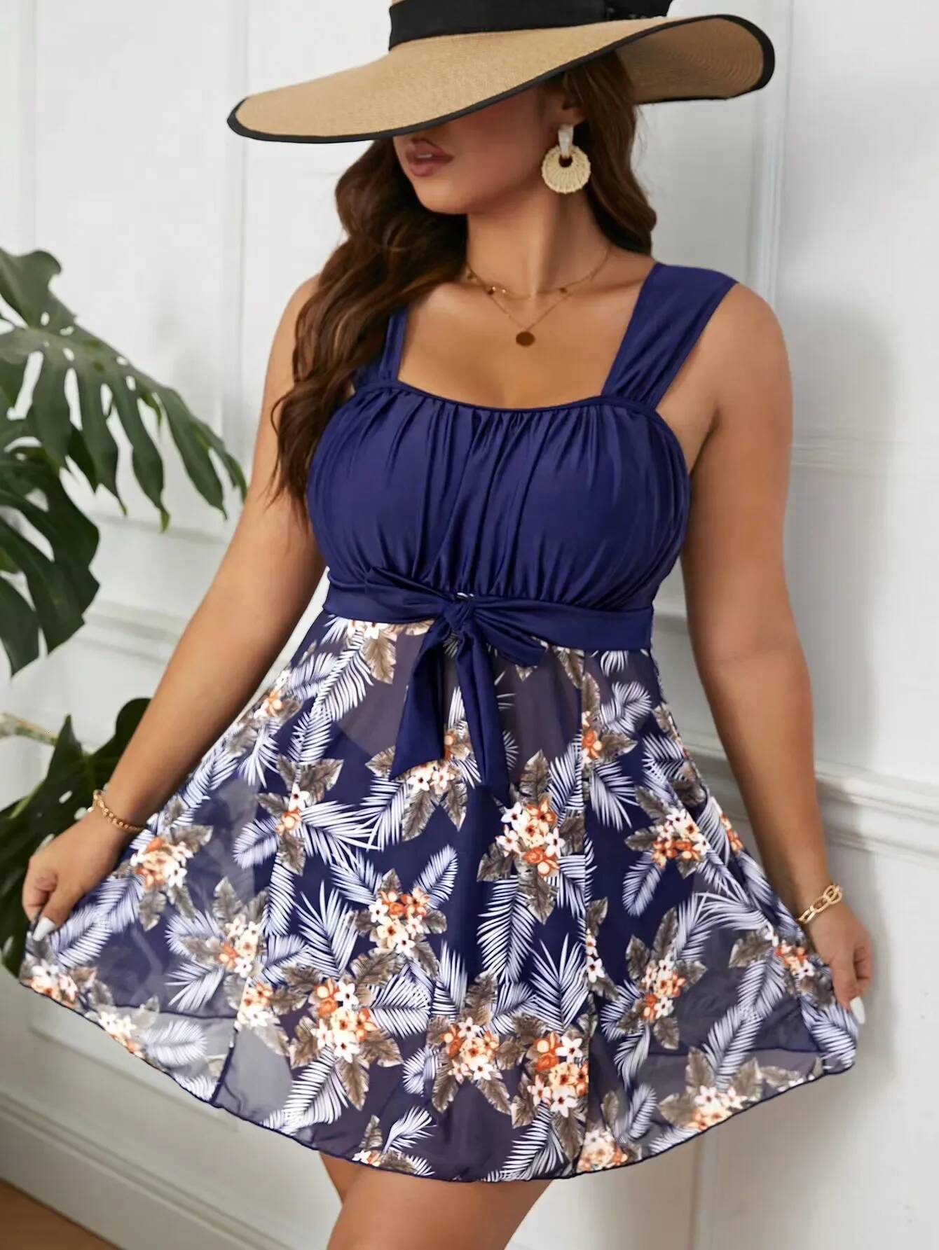 5XL Plus Size Swimdress High Waist Swimwear Push Up Bikini Flower Printed Beach Swimsuit Bathing Suit Women Chubby Tankini