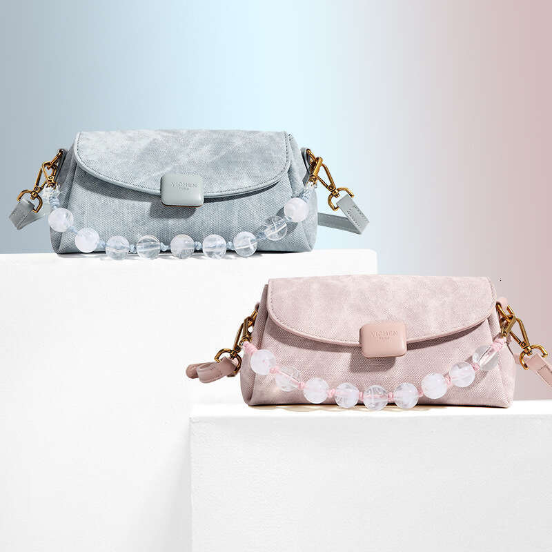 2025 New Soft Leather Women's Fashion Beaded Handbag Niche Versatile Shoulder Multi-Compartment Crossbody Bag Blue Pink