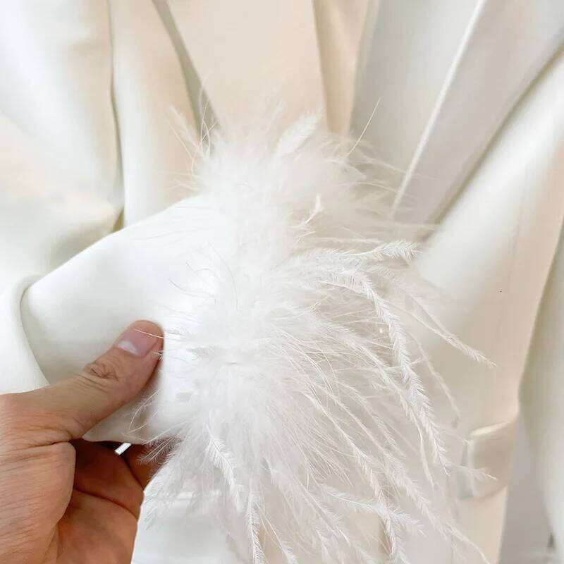 Blazer PantSuits White Real Feathers Sleeve Single Button Party Office Business Wear Suit Lapel Jacket Pants Two Piece Sets