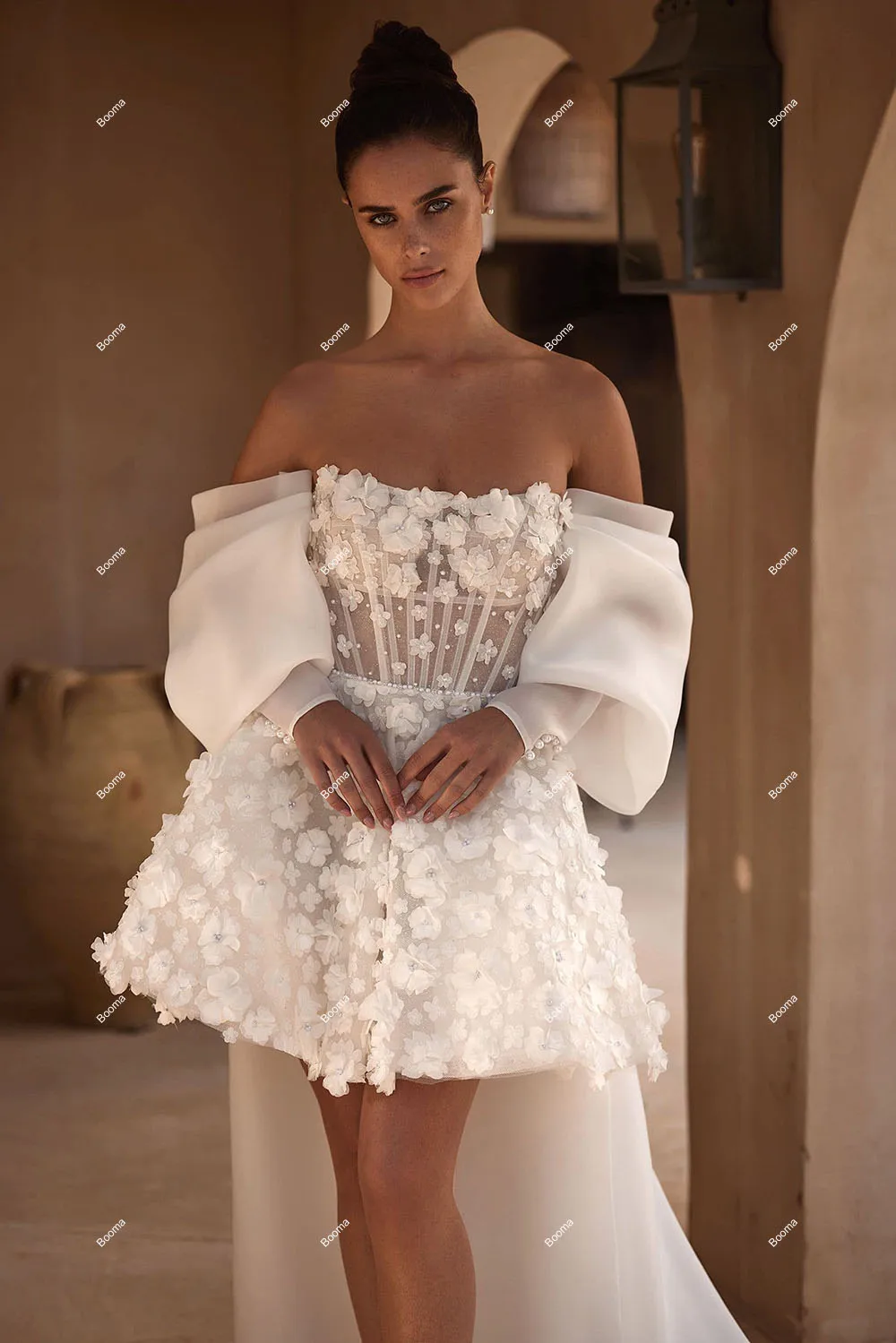 Short A-Line Wedding Dresses Puff Sleeves White 3D Flowers Lace with Detachable Train Bridals Gowns Customize