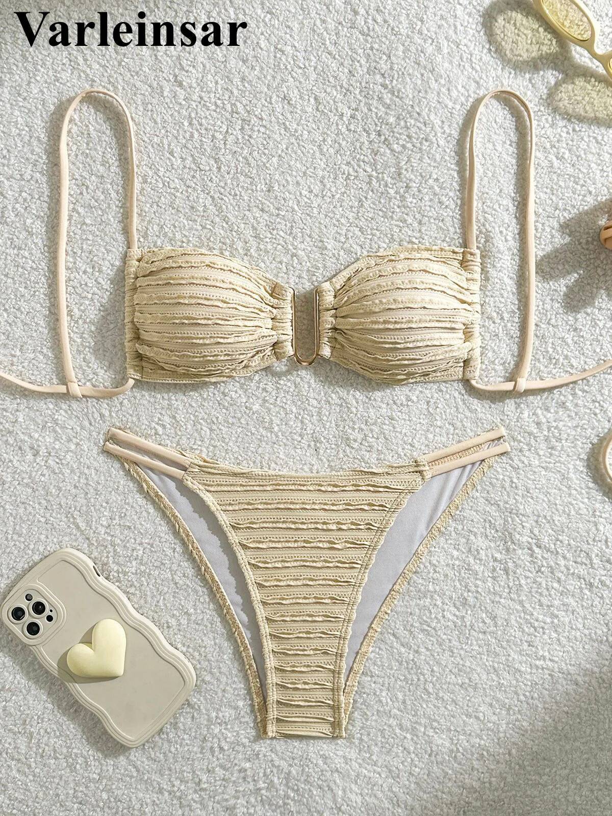 U Neck Wrinkled Crinkled Women Swimwear Female Swimsuit Two-pieces Bikini set High Cut Bather Bathing Suit Swim V5708B