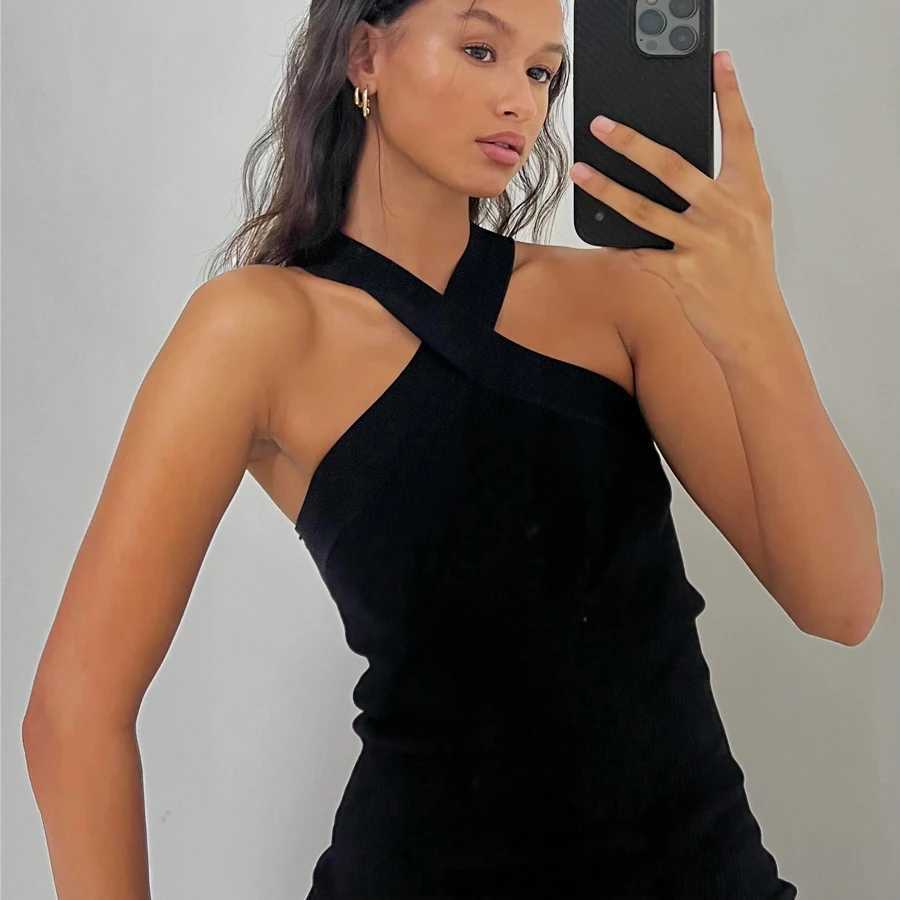 TRAF Womens Halter Black Dress Mini Sleeveless Short Dresses Woman Off Shoulder Bodycon Sexy Party Dress Vestidos Summer 2025 XJ250610