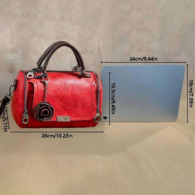 Classic Style Boston Bag For Women, Retro Pu Leather Crossbody Bag, Trendy Handbag With Flower Pendant