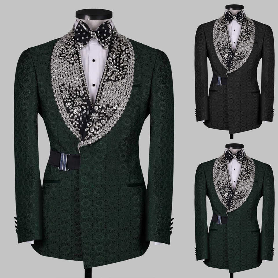 Luxury Crystal Wedding Tuxedos 2 Piece Set Jacket Pants Jacqusrd Men Suit Shawl Lapel Customized Groom Wear Party Suits