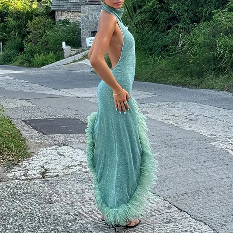 Sexy Sleeveless Hollow Irregular Long Dress Fashion Backless Slim Fit Party Dress Lady Elegant Feather Patchwork Suspender Dress 250609