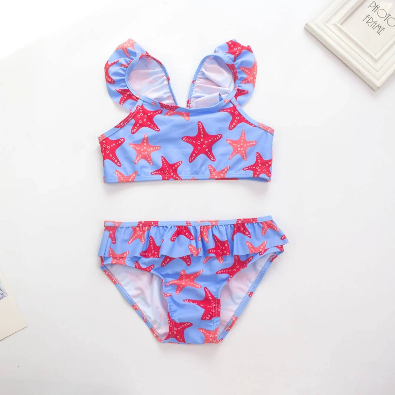 Ruffle Starfish Print Kids 2-Pieces Swimwear Swimsuit Summer Beach Girls Kid Bikini Set Outdoor Children Surf Bathing Suit