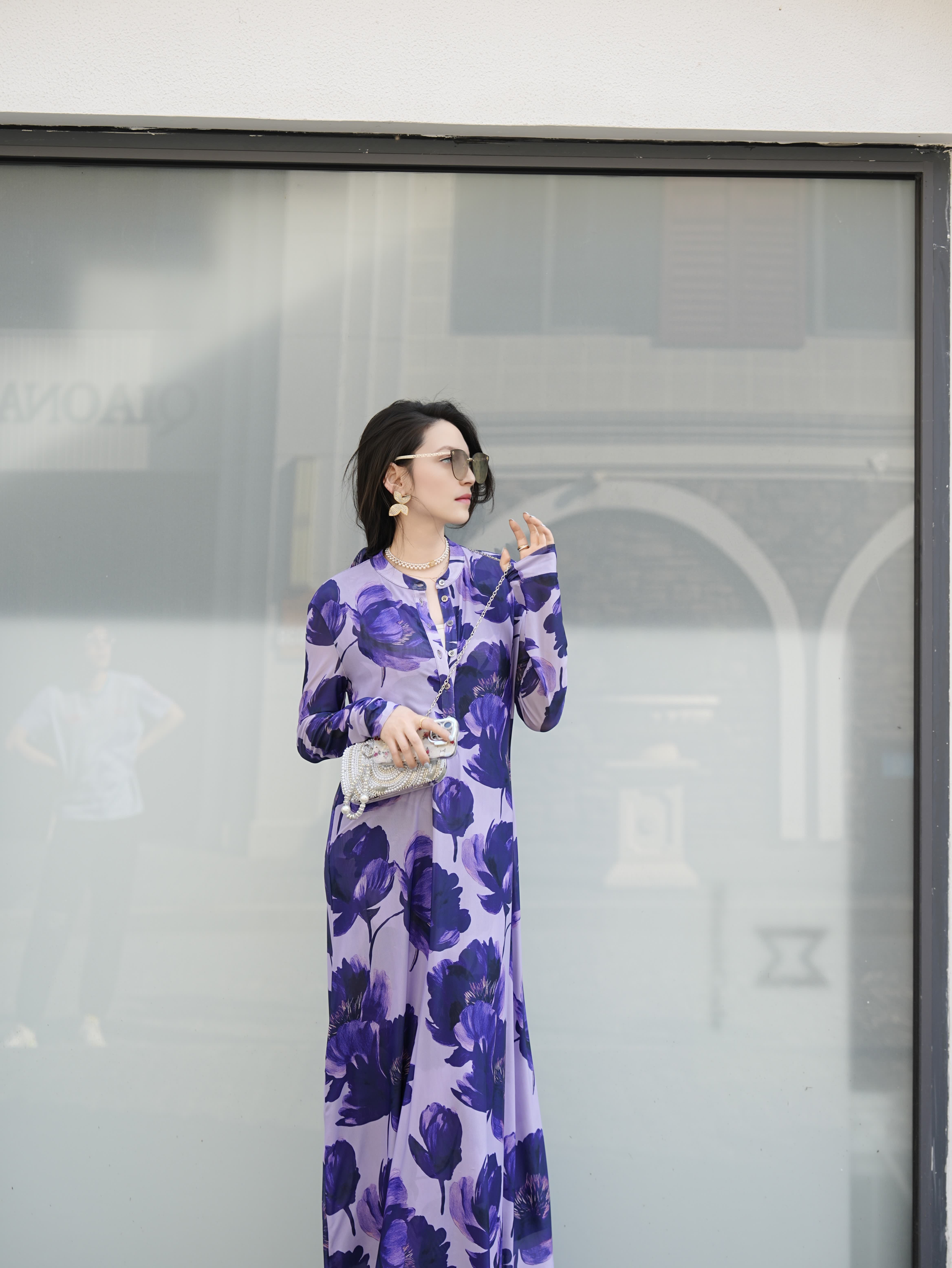 HZHJ original designer's purple lotus dress with long sleeves for slimming, high-end and stylish, light luxury