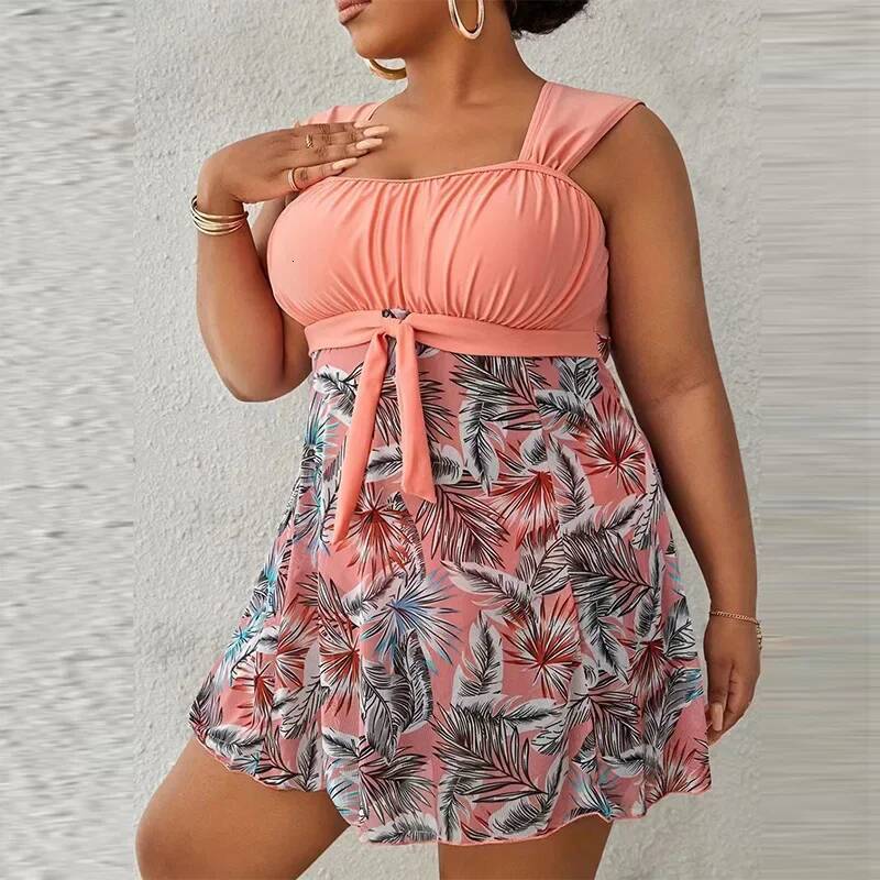 5XL Plus Size Swimdress High Waist Swimwear Push Up Bikini Flower Printed Beach Swimsuit Bathing Suit Women Chubby Tankini