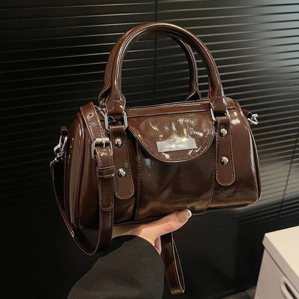 Mini Top-Handle For Women Bright Oil PU Leather Pure Color Shoulder Crossbody Bags 2025 Latest Designer Handbag Sac