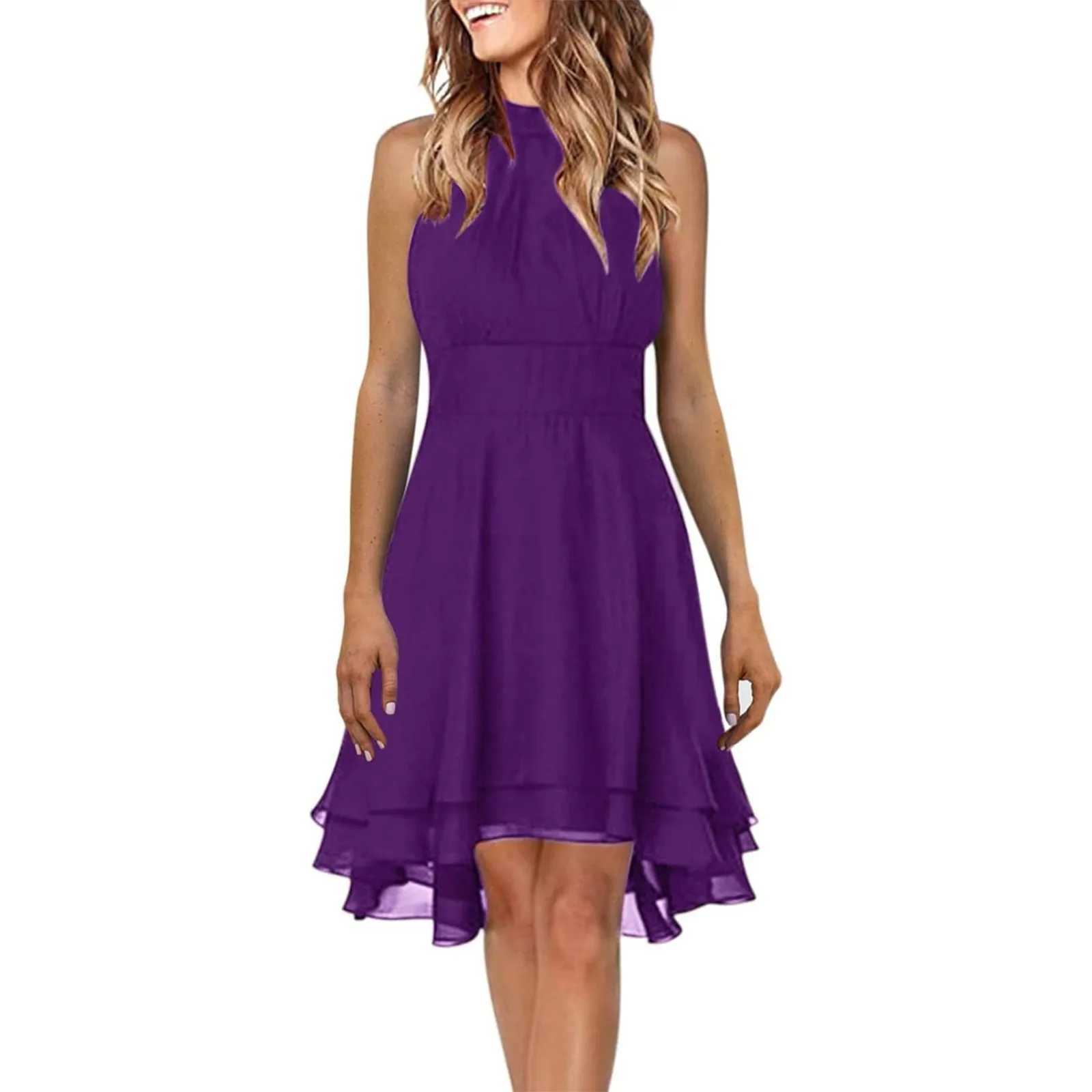 Summer Elegant Women Dresses High Waist Sexy Cropped Layered Solid Halter Dress Ladies Casual Sleeveless Chiffon Party Dress XJ250610
