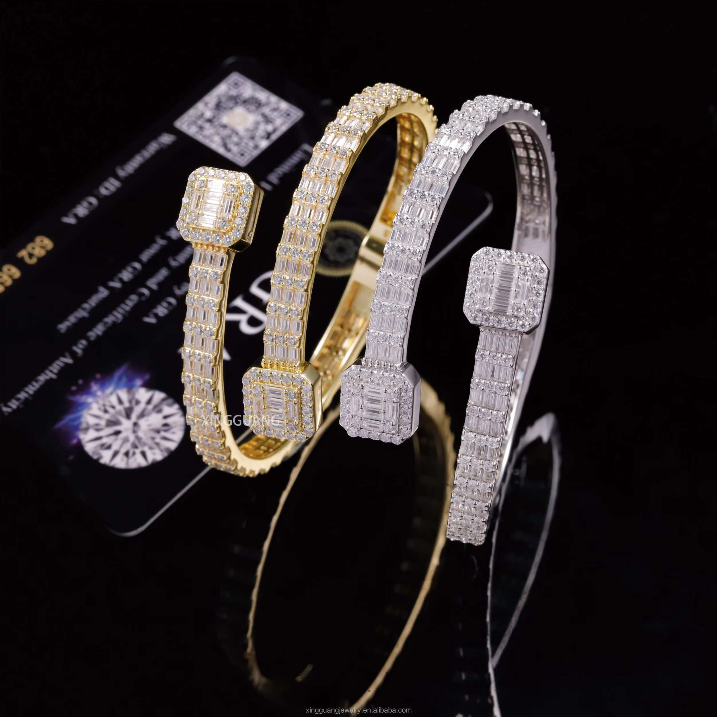 XG Square Iced Out Moissanite Cuban Bracelets Bangles 925 Silver Plated Gold Vvs Moissanite Bracelets