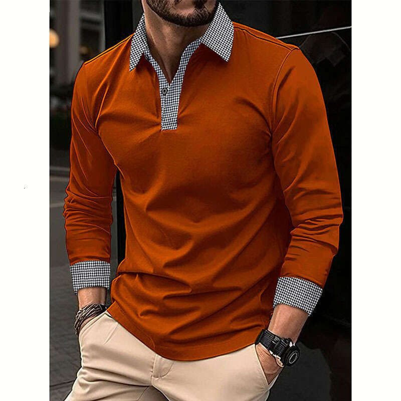 New Men's Long Sleeve Spring And Autumn Color Block Print Casual Polo Shirt B5
