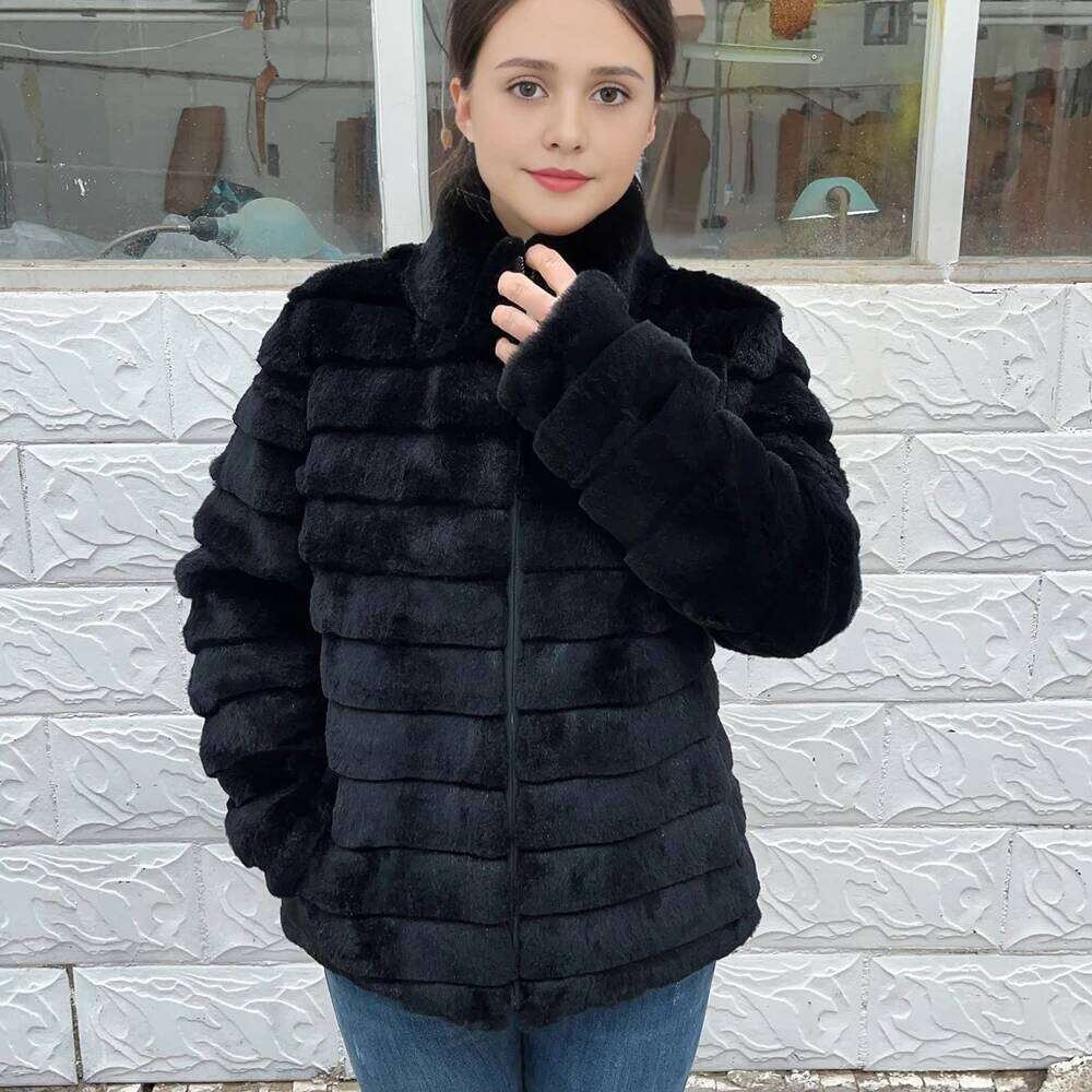 Fancy Rani Natural Rex Rabbit Coat Women Winter Jacket Real Leather And Fur Clothing Female Outerwears With 2024 Black Cold