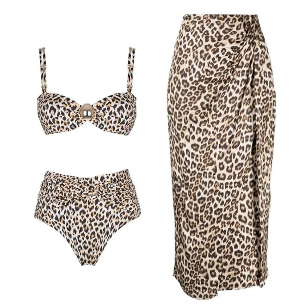 Leopard Floral Printed Swimwear With Cover Sexy Bikinis Woman Swimsuit Hollowen Push Up Swim Suit Female Beach Outfits