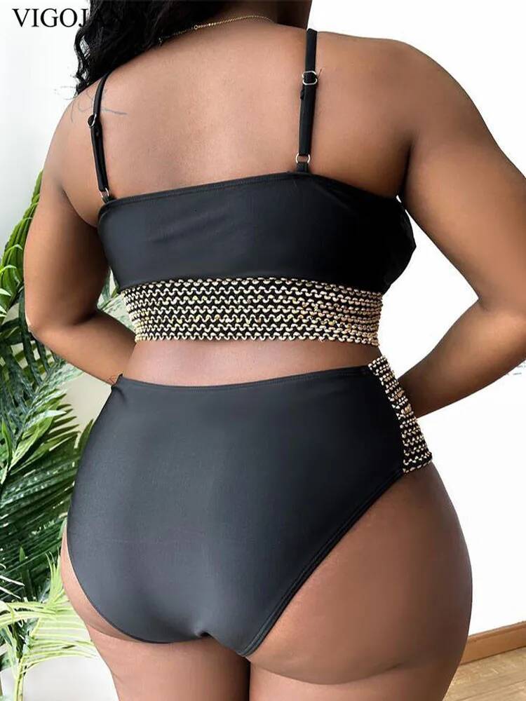 VigoJany 2025 Patchwork Hollow Two Piece Plus Size Bikini Women Strapped High Waist Swimsuit Brazilian Beach Lady Bathing Suit