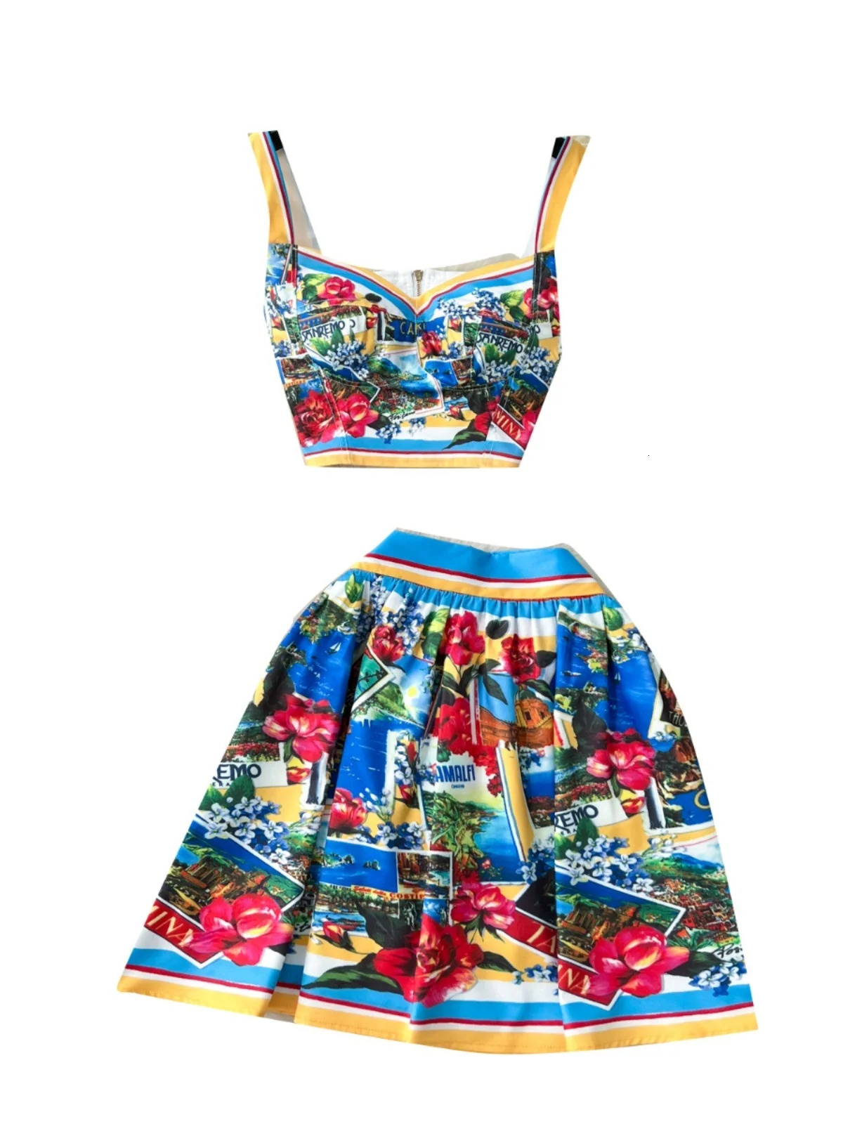 Fashion Summer Holiday Sexy Crop Tops And Mini Short Skirts 2pcs Outfits Womens Flower Print Two Piece Sets 250610