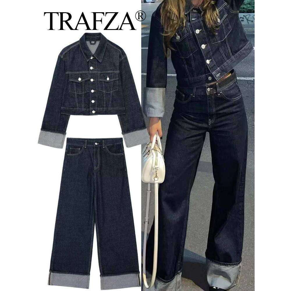 TEAFZA 2024 Vintage Women Patchwork Denim Jacket Pant Sets Long Sleeve Cropped Coat+High Waist Wide Leg Pants Streetwear Suit