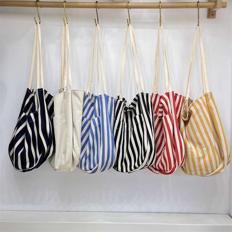 Korean Style Lazy Wind Literary Fresh Simple Striped Canvas 2024 New Large Capacity Tote Shoulder Bag Trend