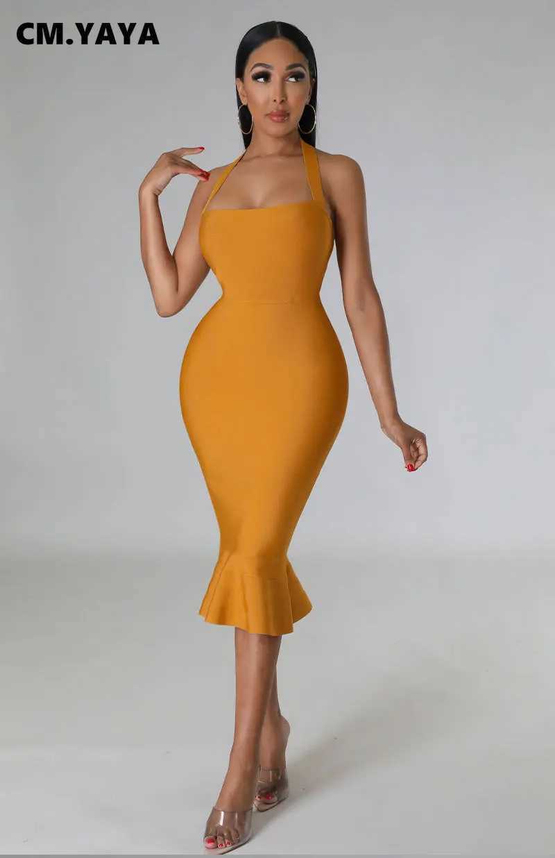 CM.YAYA Women Halter Sleeveless Ruffles Mermaid Bodycon Midi Dress 2023 Summer Sexy Clubwear Party Evening Dresses XJ250610