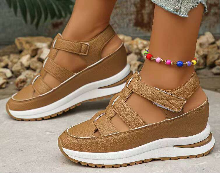 Summer Wedge Sandals With Closed Toe Hollow Breathable Platform Velcro Women's Shoes