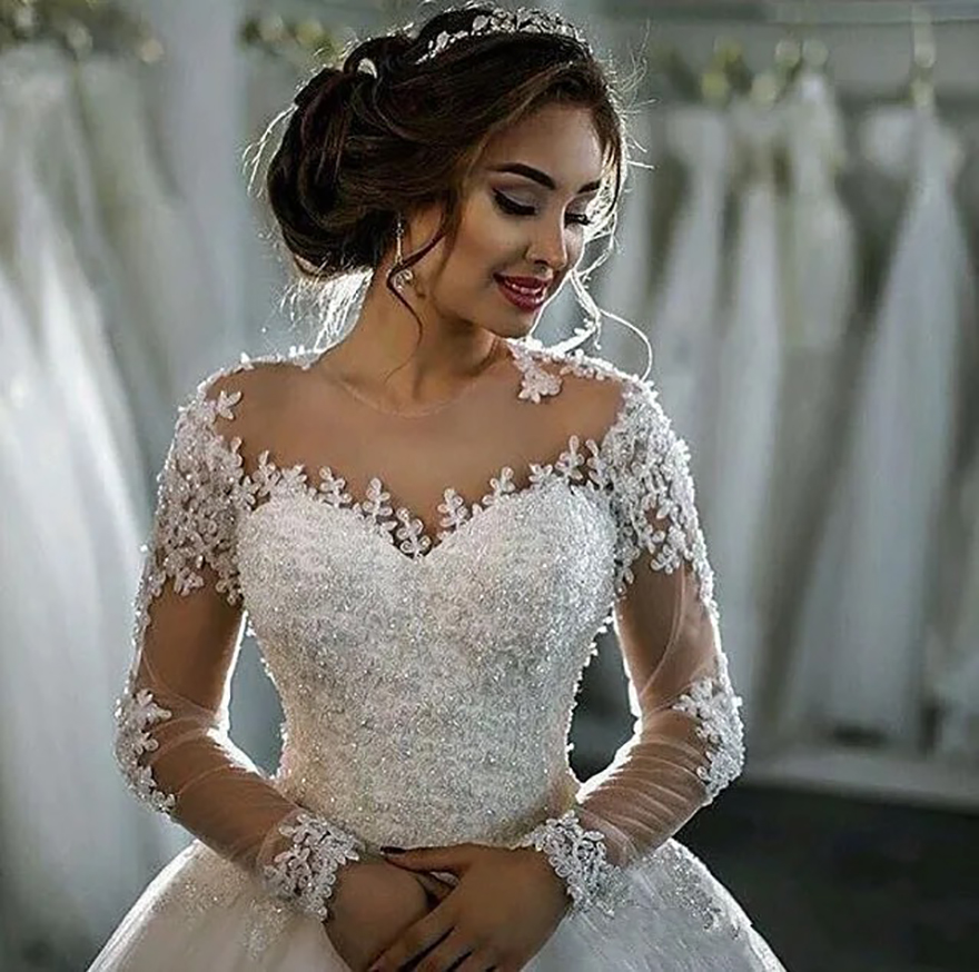 Vestidos De Noiva 2025 Elegant A Line Long Sleeve Wedding Dress Tulle Appliques Beaded Princess Lace Wedding Gowns Robe De Mariee
