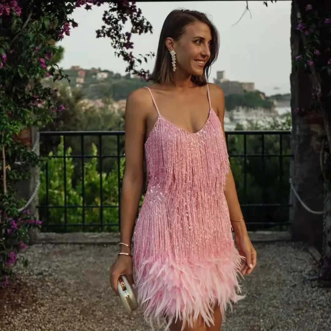 2024 Summer New Fashionable Framed Sequins Feather Patchwork Dress Colorful Direct Sales Womens Sleeveless Dress XJ250610