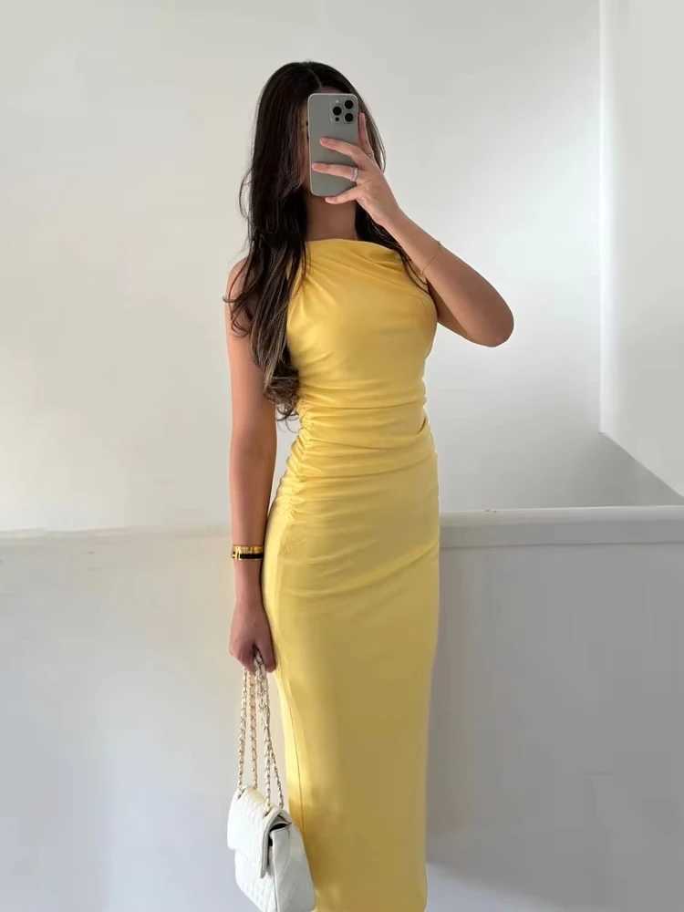 TRAF Yellow Draped Long Dresses for Women Asymmetric Summer Dress Woman 2025 Sleeveless Party Womens Dresses Pleated Beach Dress XJ250610