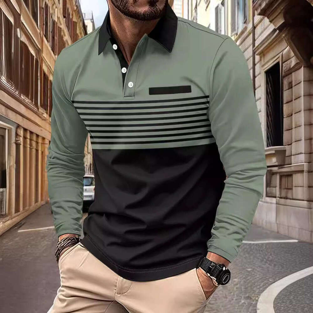 Autumn New Men's T-Shirt Casual Striped Turn-Down Collar Long Sleeve Polo Shirt B5