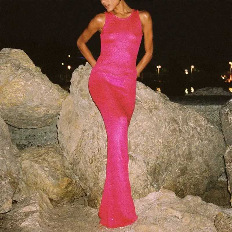 Summer Spliced. See-through Long Dress Women Casual Sleeveless Vest Long Dress Solid Color Sequined Slim Party Dress 2024 New XJ250610