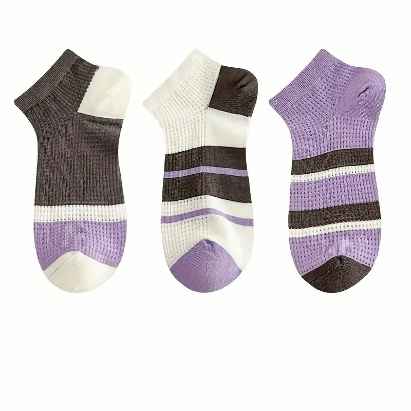 Elegant Striped Womens Ankle Socks with Breathable Mesh Lightweight Polyester Blend for All-Day Comfort