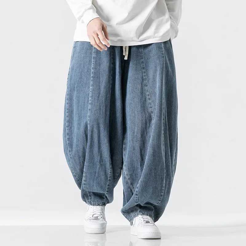 Vintage Loose Harem Pants Men Hip Hop Denim Wide Leg Pants Mens Solid Color Straight Streetwear Jeans Elastic Waist Trousers Man M250610