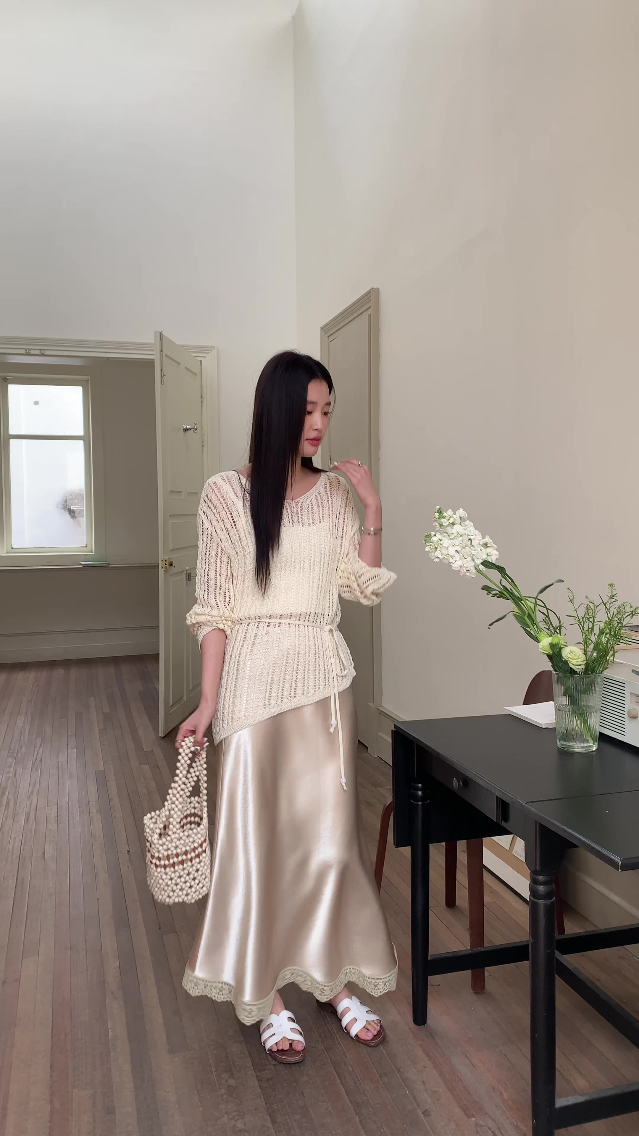 GC135 Spring and summer new silk cotton lapel short-sleeved simple striped knitted sweater top