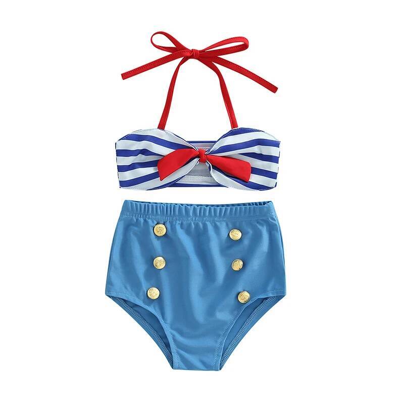 Yiiciovy Cute Baby Girls Swimwear 2 Pcs Bowknot Bikini Set Summer Hanging Neck Striped Top Elastic Waist Button Shorts