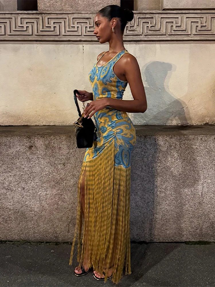 Tassel Hemline Printed Halter Dress Sleeveless Suspender Pleats Waist Cinched Slimming Sexy Skirt Set Fringed Women Long Dresses 250605