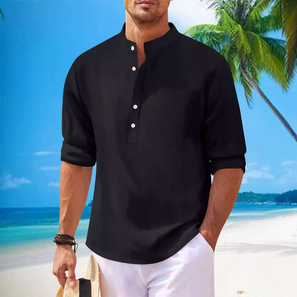 Autumn New Men's Solid Color Casual Cotton Linen Stand Collar Long Sleeve Shirt B5