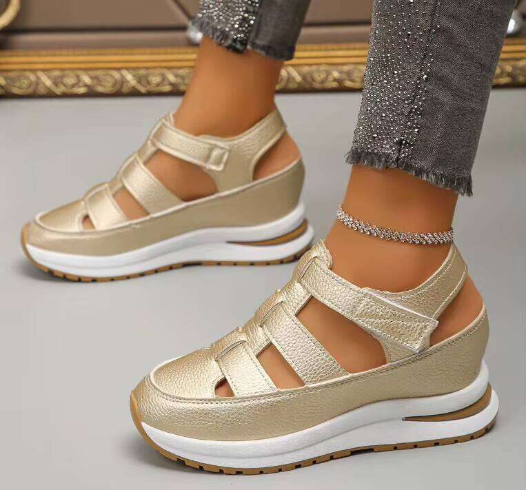 Summer Wedge Sandals With Closed Toe Hollow Breathable Platform Velcro Women's Shoes