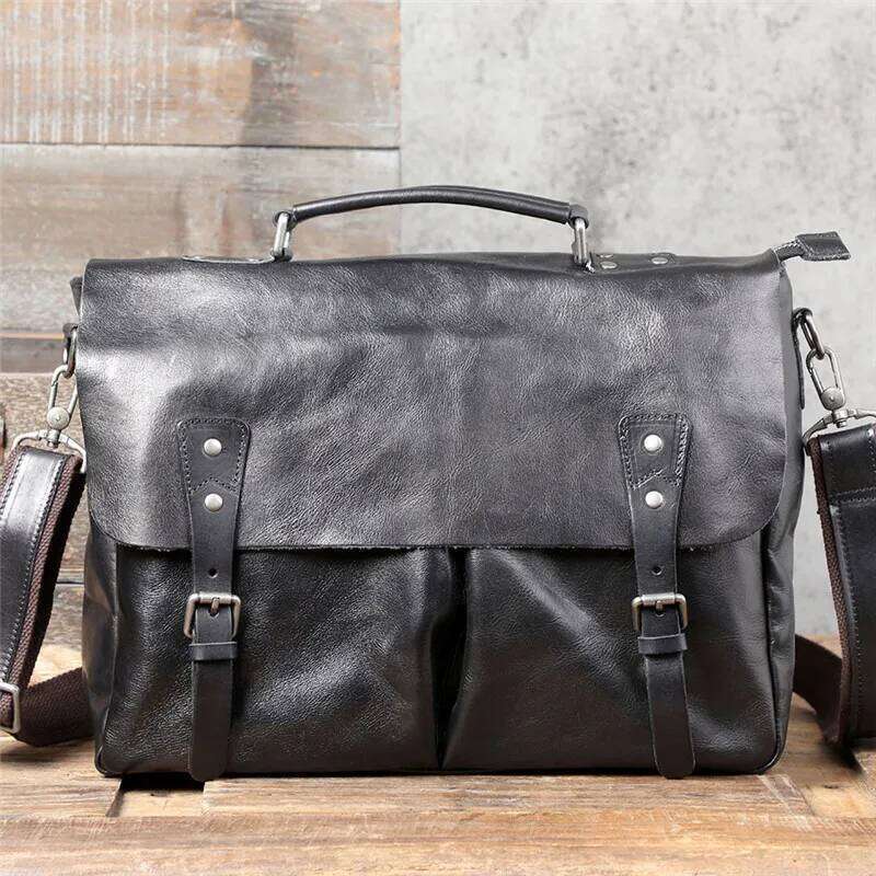 Fashion high-quality genuine leather men's briefcase business natural real cowhide handbag black laptop messenger bags