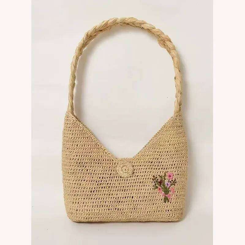 New Summer French Elegant Raffia Grass Underarm Bag For Women Fashion Shoulder Vintage Handbag Designer Tote Flower Embroidery