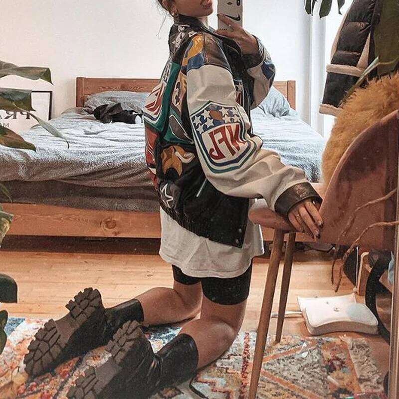 Autumn Winter Varsity Long Sleeve Motorcycle Racing Baseball Jacket Women Y2k Printed Casual Loose Outerwear Zip